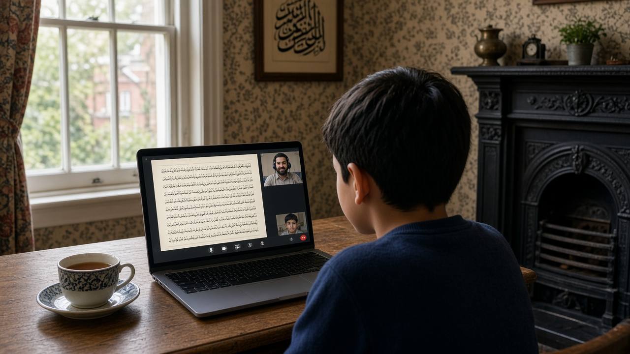 A student at home reading a screen-shared Quran page on a laptop during a live video lesson with her teacher